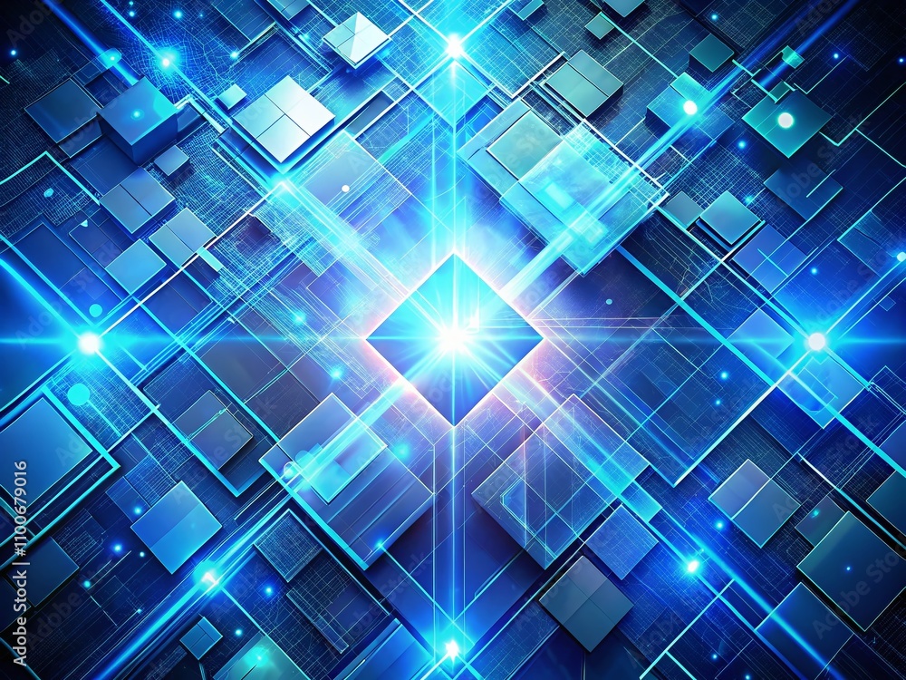 Poster futuristic technology abstract background with glowing geometric lines and shiny blue rounded square