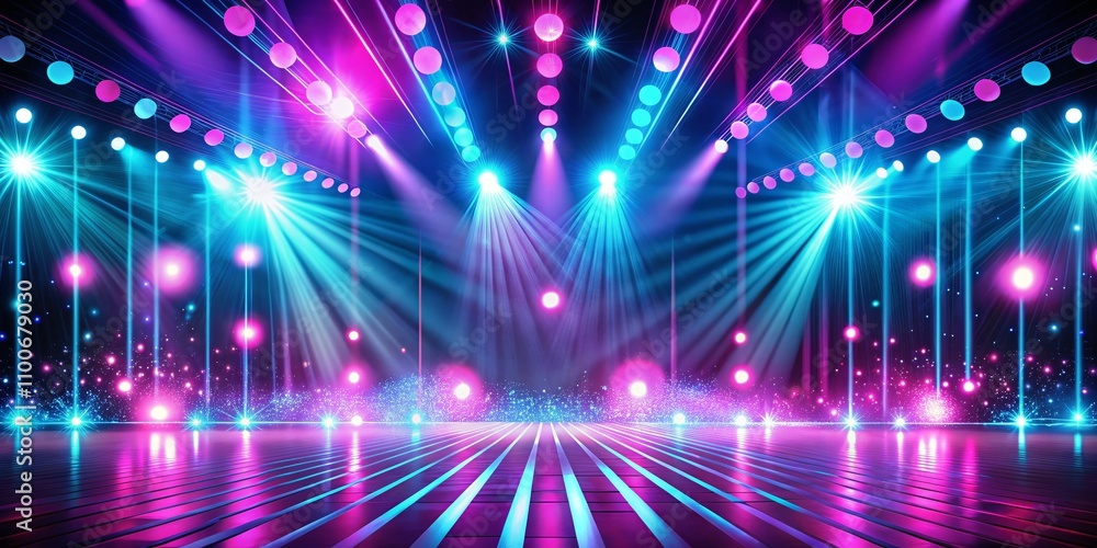 Poster futuristic stage lights with glowing neon cyan and pink background, creating a dynamic and engaging 