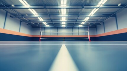 A volleyball court with a focus on the boundary lines, indoor setting with overhead lights, Clean style