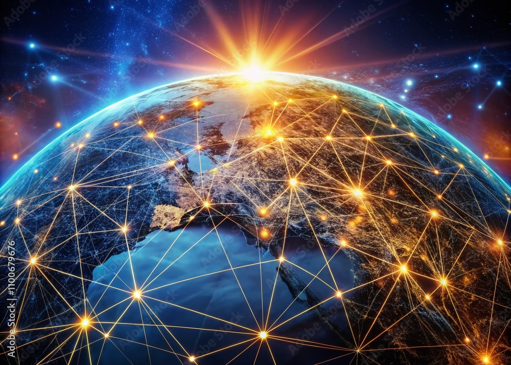 Poster global network connection showcasing a digital earth with interconnected nodes, a futuristic concept