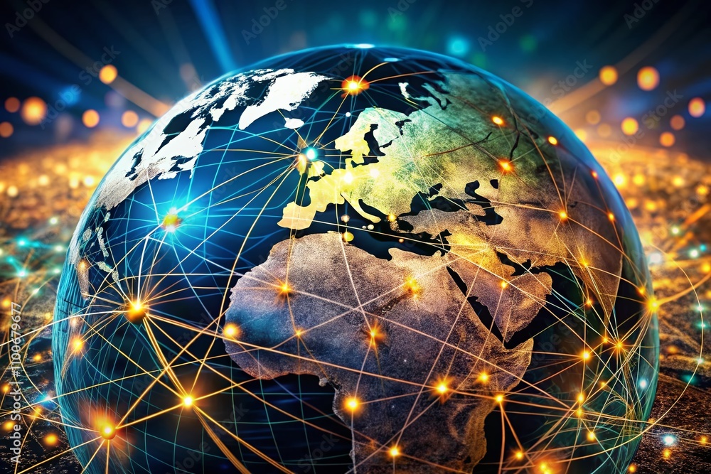 Aufkleber globalization unveiled: a detailed globe surrounded by complex networks of lines and dots representi