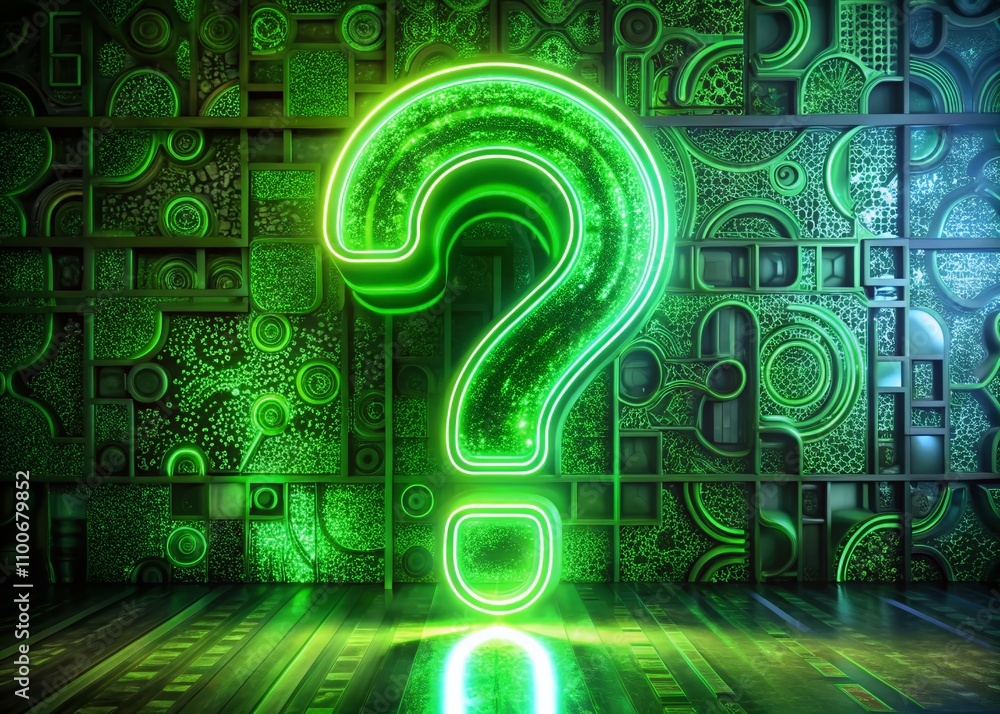 Poster glowing green neon question mark symbol on alpha channel background – illuminated 3d digital sign in
