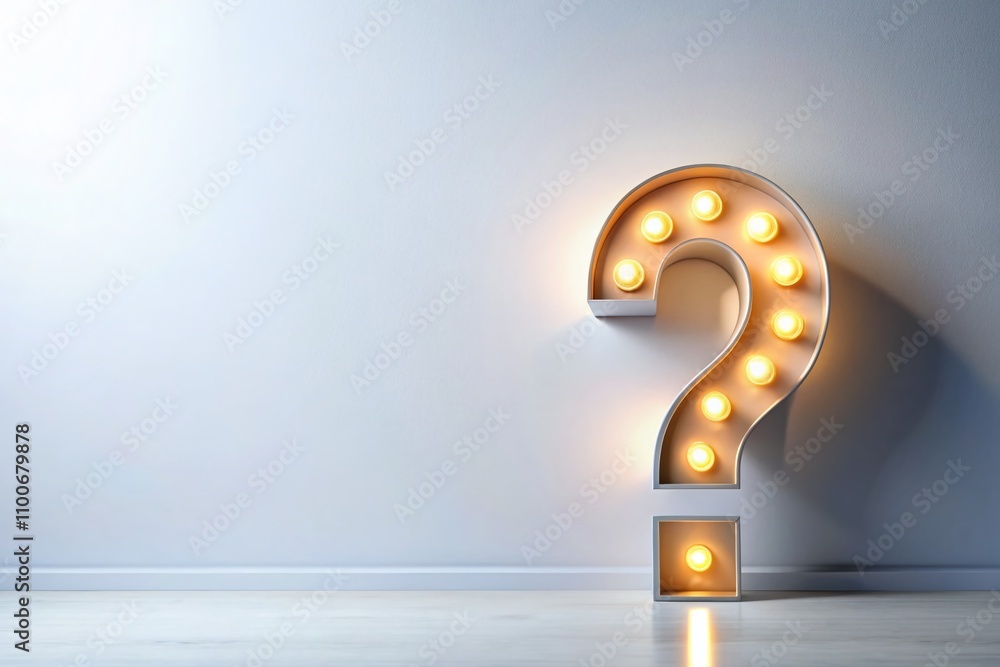 Poster Glowing LED Question Mark Light on a Minimalist White Background with Ample Copy Space for Creative Use in Marketing and Design Projects