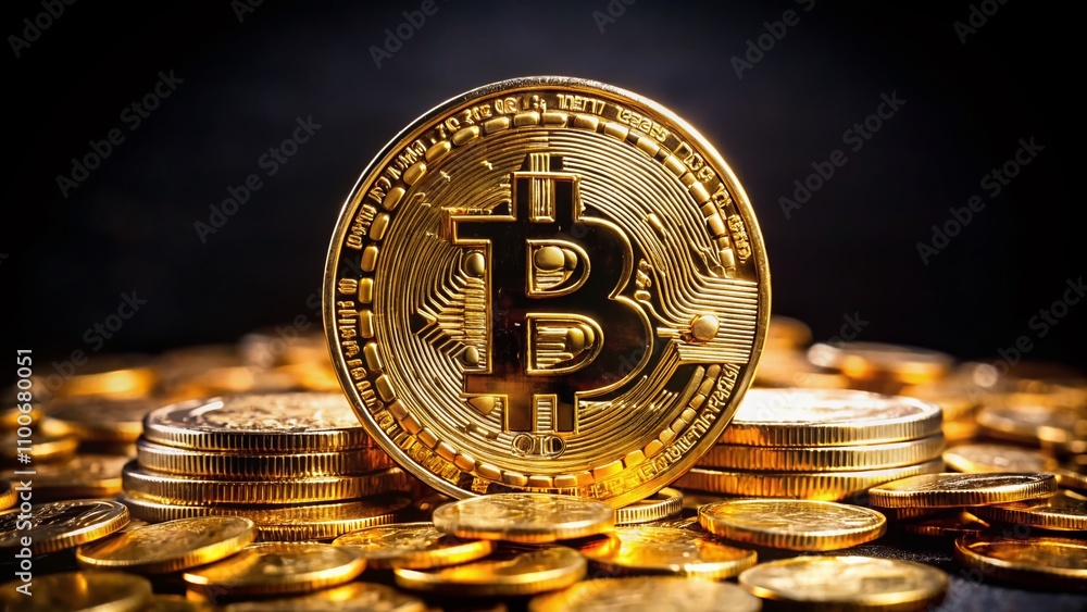 Aufkleber golden bitcoin on a pile of coins with a black isolate background - high depth of field image for cr