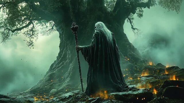 An enigmatic sorcerer stands beneath an ancient tree with mystery and power