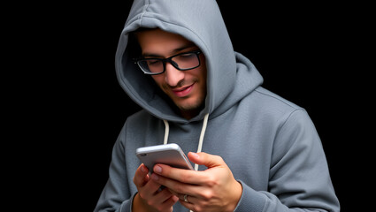 Man in Hood looking at smartphone. male in glasses and Hoodie, writes a message on the phone. isolated on black background.