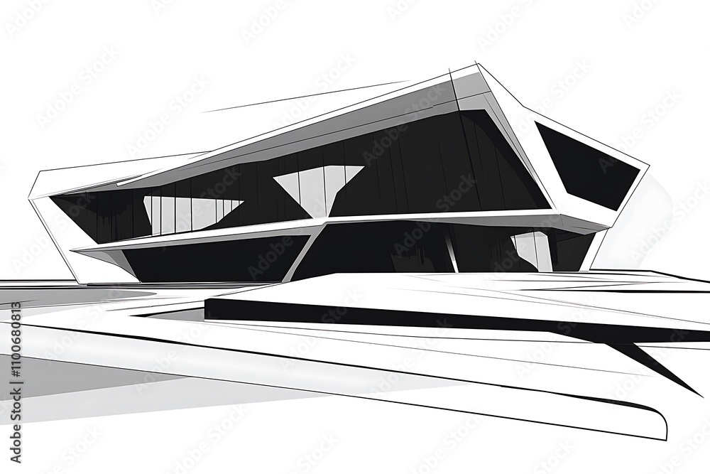 Poster a modern architectural design featuring sharp angles and contrasting colors.