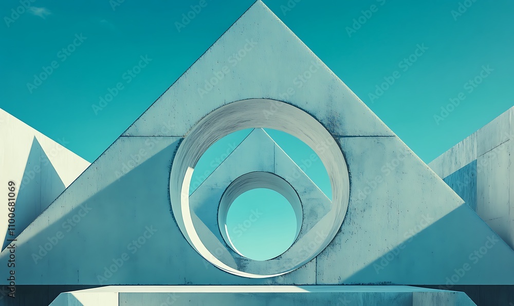 Poster abstract geometric structures with circular and triangular forms against a blue sky.