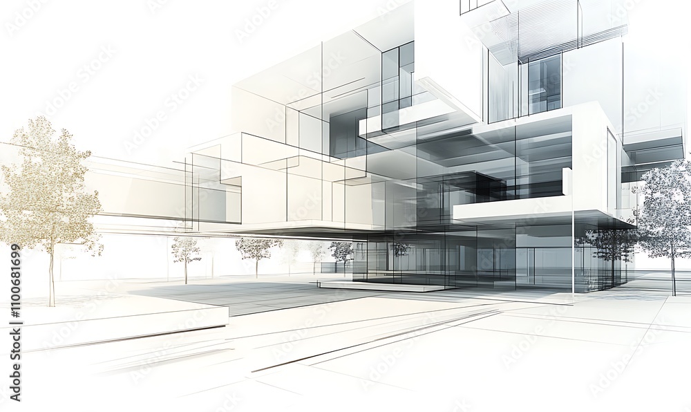 Poster abstract architectural design featuring transparent structures and minimalist landscaping.