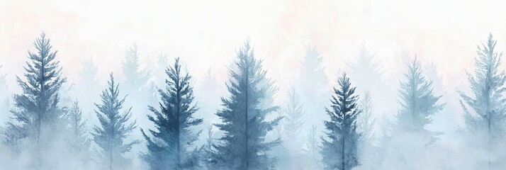 Obraz premium serene winter scene featuring dreamy monochrome foggy coniferous forest, trees covered in frost and surrounded by light mist, peaceful ethereal atmosphere. wallpaper and background, header, art print.
