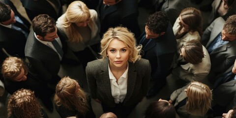 A woman stands in the middle of a crowd of people