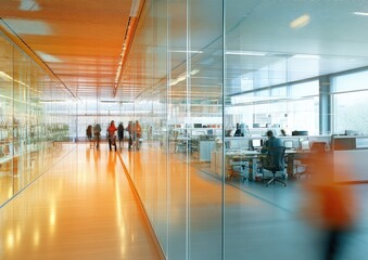 Obraz premium A group of people walk through a glass hallway in a building