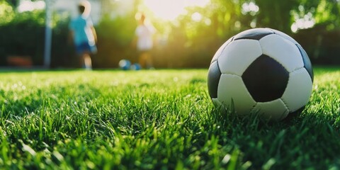 Naklejka premium A soccer ball is sitting on the grass in a field