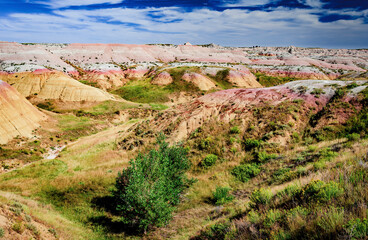 Rugged multi color plains, mountains and valleys of Badlands National Park near Wall, South Dakota