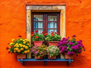 Half of a Window Framed by a Bright Orange Wall and a Vibrant Flower Box, Perfectly Capturing the Essence of Spring in Urban Decor
