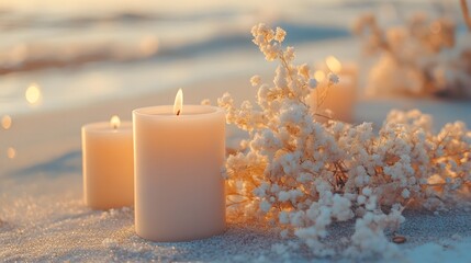 ビーチに置かれた植物とキャンドルの装飾
