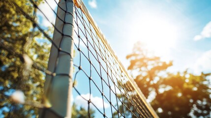 A volleyball court's post with close-up view of the post's surface and net attachment, outdoor setting with bright midday sun, Structural style