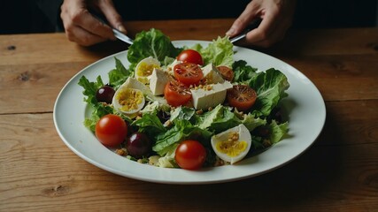 aesthetic preparation of caesar salad on a wooden table background