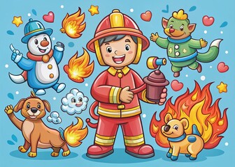 Fototapeta premium Hand Drawn Cartoon Firefighter Illustration for Children's Books, Educational Materials, and Emergency Services Awareness Campaigns in a Playful Style