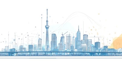 Obraz premium A stylized skyline illustration featuring modern buildings and a tower, symbolizing urban development.