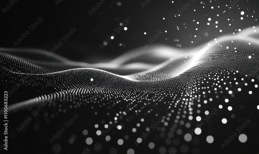 Poster abstract wave patterns, black and white, featuring flowing lines and scattered dots, creating a sens