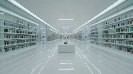 Obraz premium Futuristic Library with Robotic Assistants and Modern Lighting