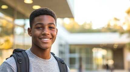 Fototapeta premium A black teenage boy smiling confidently while standing in front of a school building.