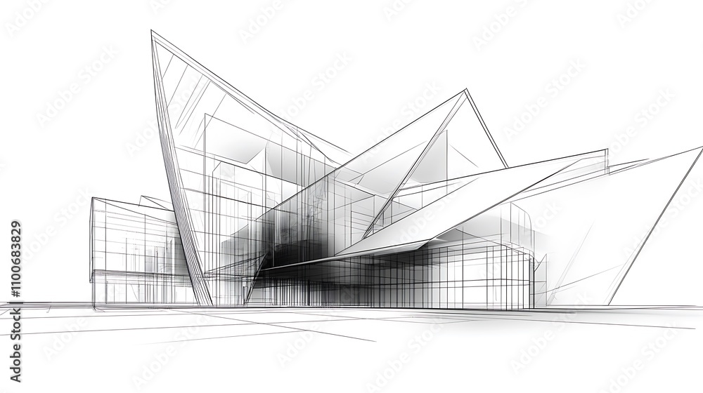 Poster abstract architectural sketch featuring dynamic geometric shapes and transparent elements.
