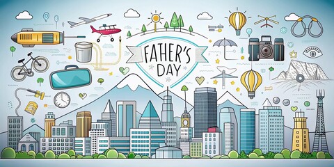 Happy Father's Day Outline Illustration for Urban Exploration, Celebrating Dads with Creative Designs Reflecting Adventure and Love in Urban Settings