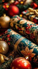 Close-up of an intricate Christmas gift wrapping station featuring rolls of patterned paper, ribbons, and decorative tags, surrounded by holiday ornaments.