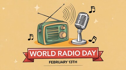 Retro-Style Illustration for World Radio Day with Vintage Green Radio, Signal Waves, Microphone, and Musical Notes on Yellow Background