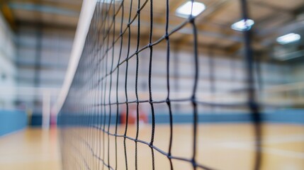 A volleyball net with a focus on the netting and poles, indoor setting in a volleyball court, Sharp style