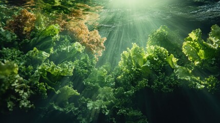 Fototapeta premium A mix of leafy greens and vegetables like kale and lettuce submerging into water, ethereal lighting, soft glow, 