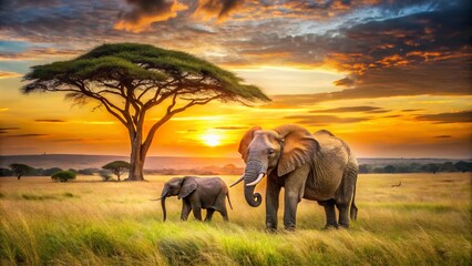 Fototapeta premium Heartwarming Landscape of an Elephant Mother and Child Bonding in the Wild, Showcasing Nature's Beauty and Family Connection in a Serene African Savanna Setting