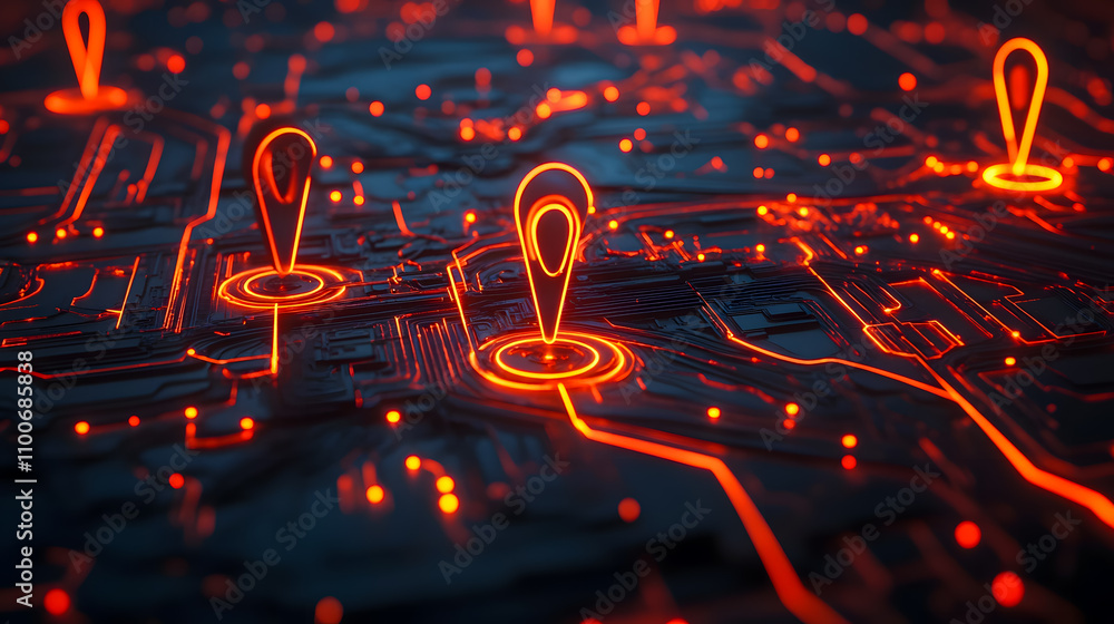 Poster futuristic digital map with glowing pins symbolizing location tracking in a technological environmen