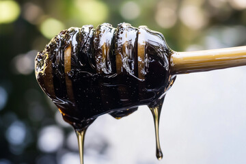 Shilajit honey on a honey dripper spoon. Natural health product of honey an mineral rich shilajit resin