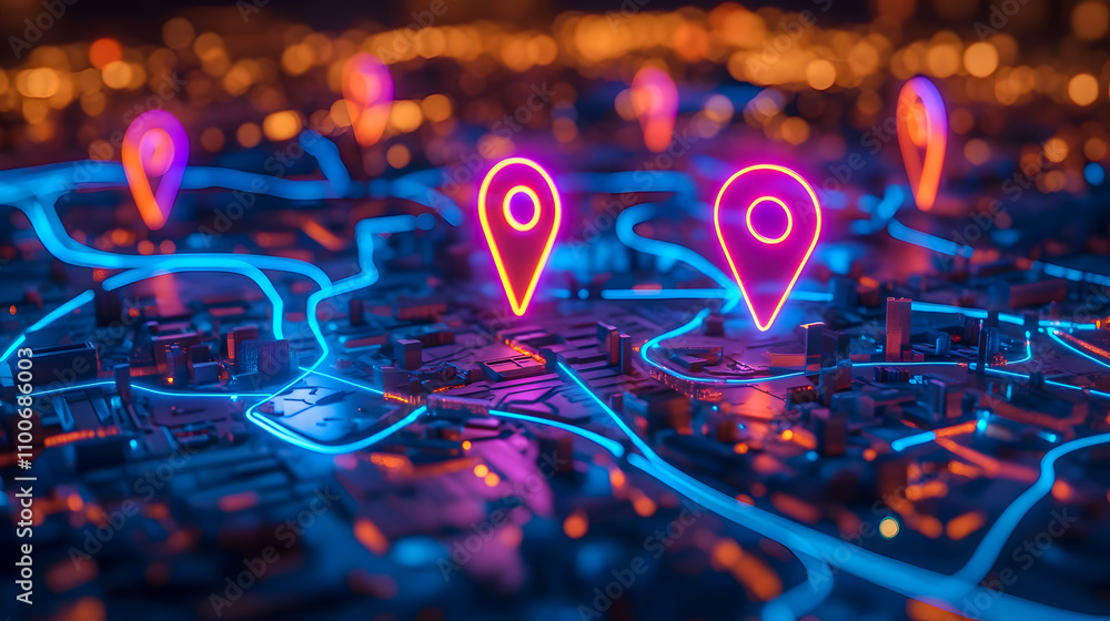 Aufkleber neon map with location pins showing bright directions over a digitized landscape at night for gps an