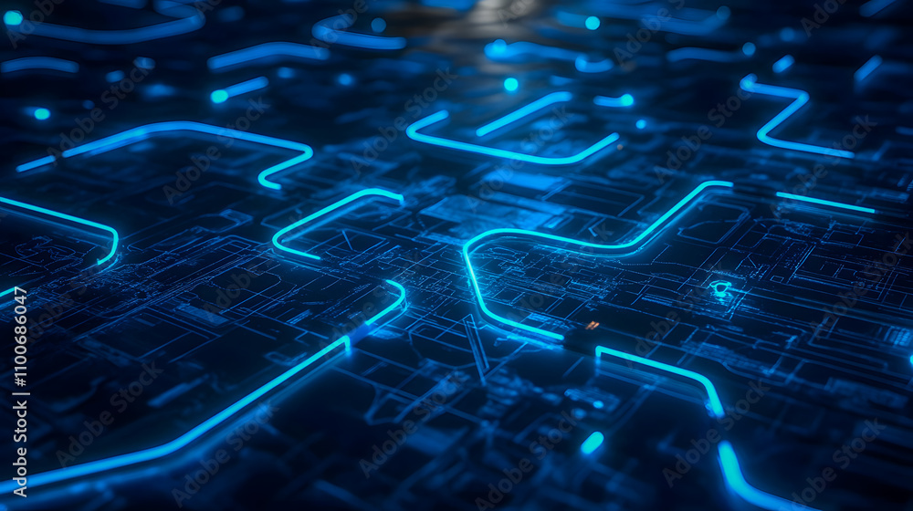 Aufkleber abstract glowing blue lines on a circuit board surface, representing modern technology and digital c