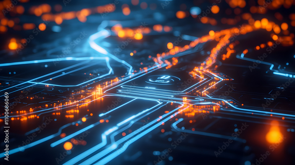 Poster vibrant abstract network design with glowing blue and orange lines depicting data flow over a circui