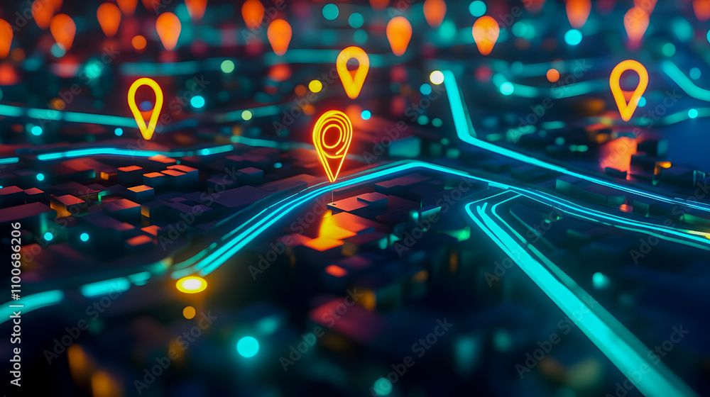 Poster vibrant 3d digital map with colorful location pins and illuminated pathways representing urban navig