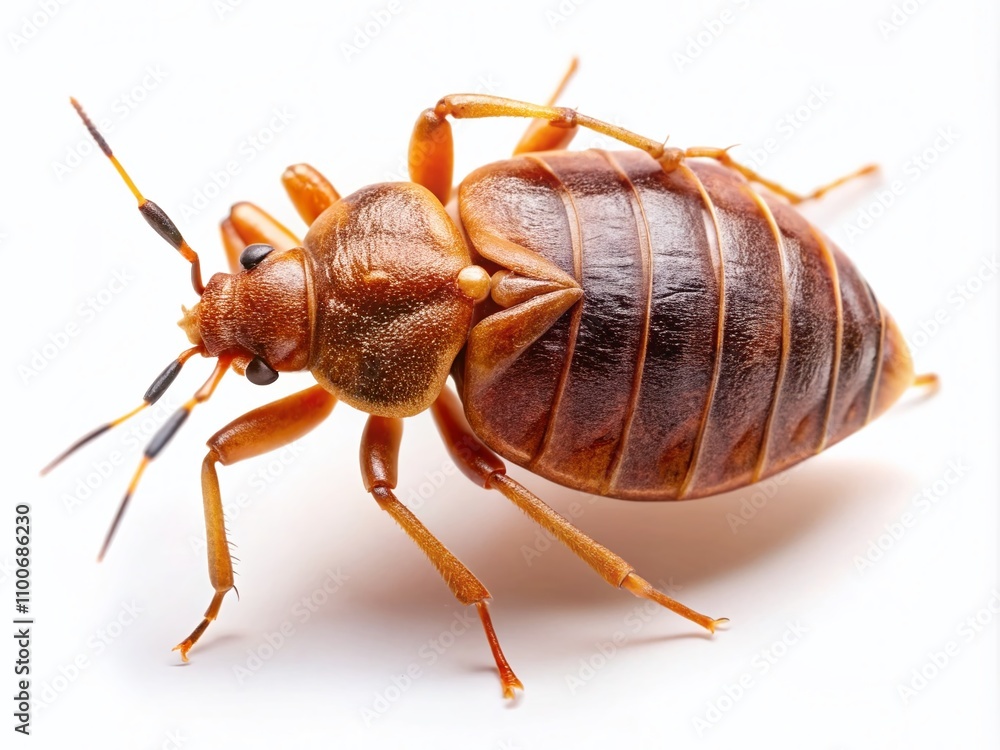 Poster high depth of field image of a bed bug isolated on a white background, capturing details of its body