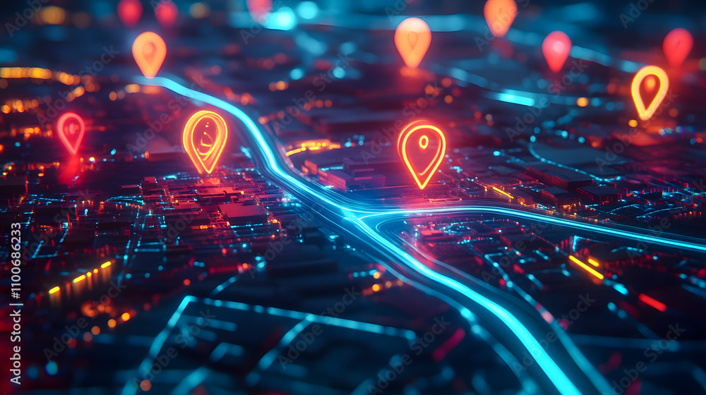 Poster futuristic cityscape with glowing location pins and digital elements representing navigation and sma