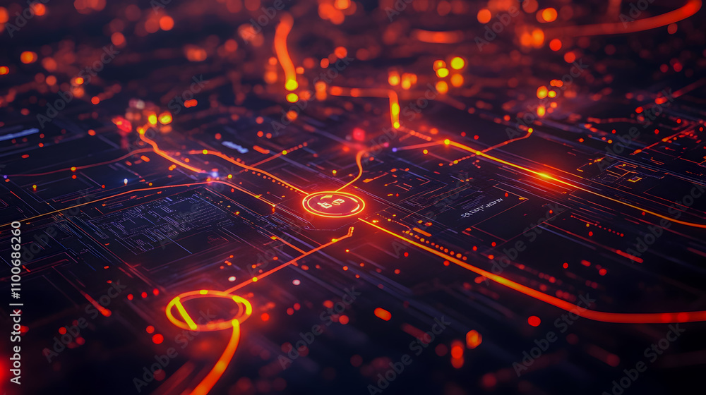 Poster abstract digital landscape with glowing circuits and illuminated pathways in vibrant orange and red 