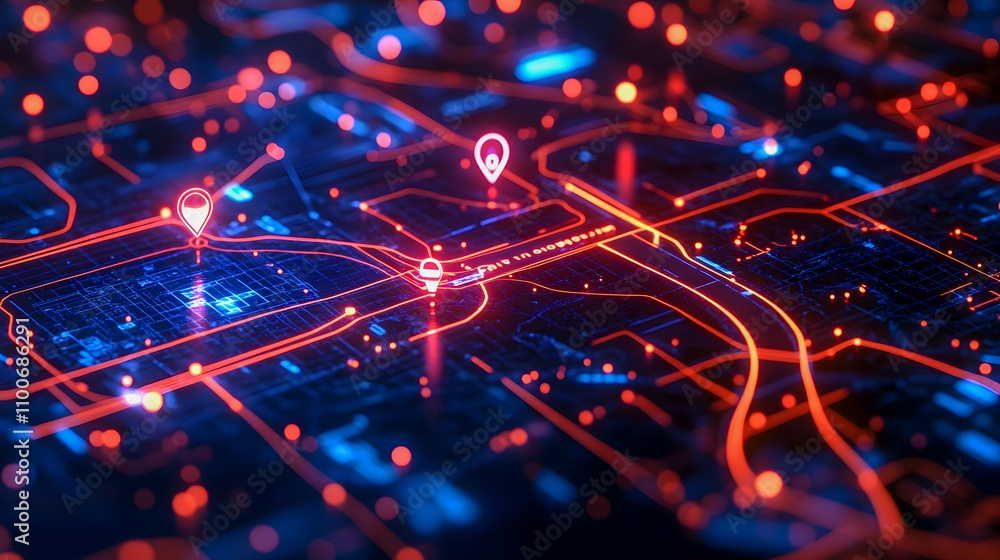 Poster 3d visual of futuristic city map with digital connections and bright cgi lights representing navigat