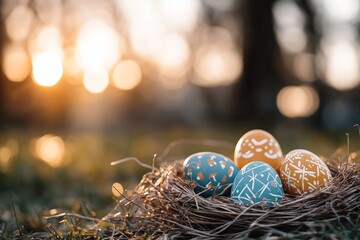 Obraz premium A collection of four vibrantly painted eggs carefully placed in a nest, set against a warm sunset backdrop, symbolizing spring and new beginnings.