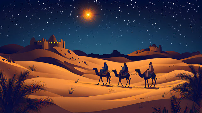 ilustracion del desierto con la estrella de belen con los tres reyes magos en camellos para conocer al ni&ntilde;o Jesus en navidad