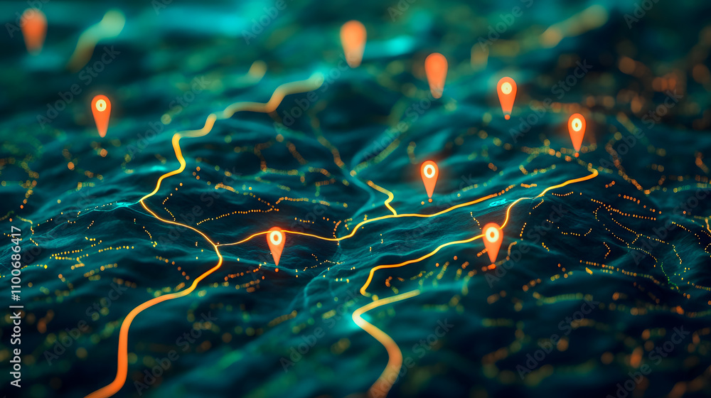 Poster abstract concept of navigation and mapping with glowing markers on a digital terrain representing co
