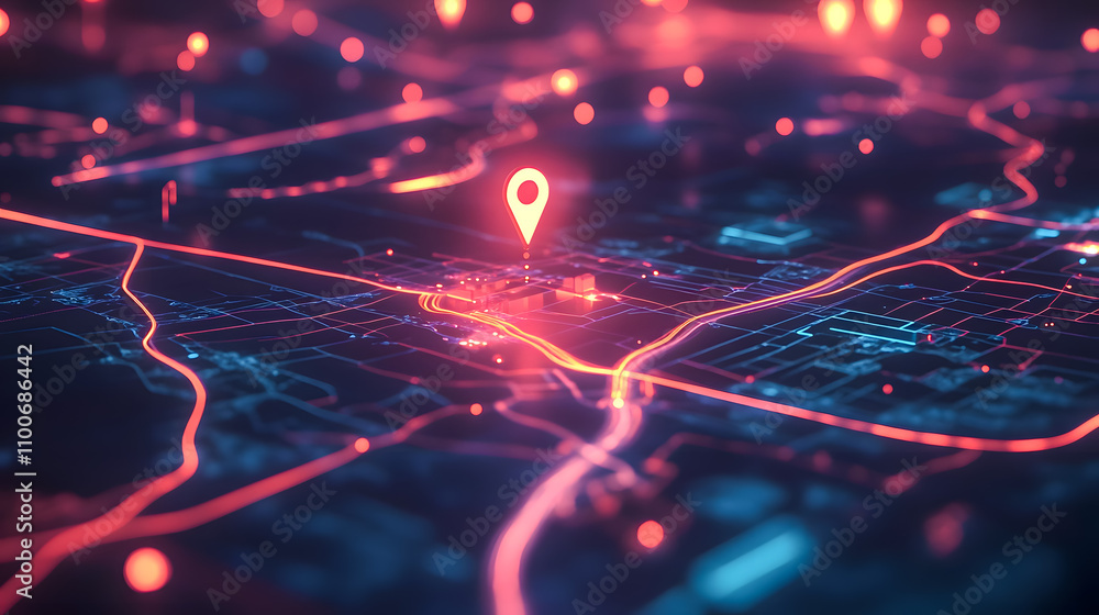 Poster vibrant digital map with location pin and network connections in neon colors representing navigation