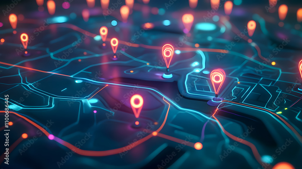 Poster vibrant digital map with location pins on a futuristic background for navigation and geolocation con