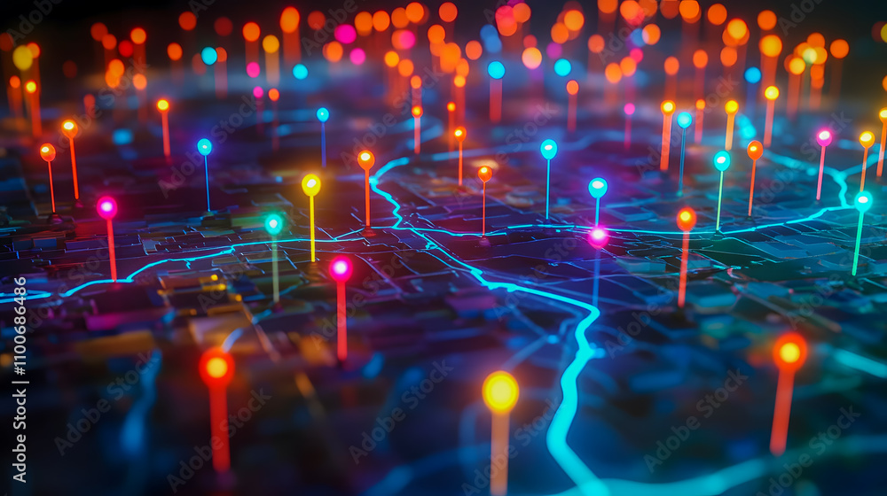 Poster colorful and vibrant visualization of data points on a dark urban map with neon lights and lights re